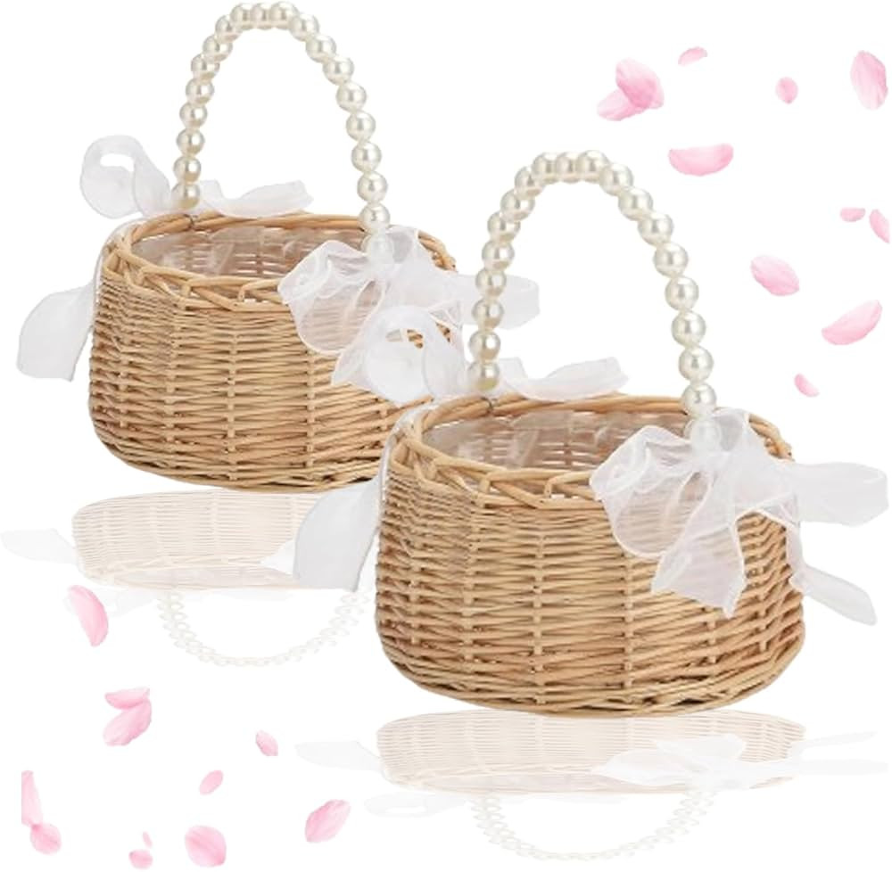 2 PCS Wicker Rattan Flower Girl Basket, Flower Girl Basket with Pearl Handle, Wedding Flower Bask... | Amazon (US)