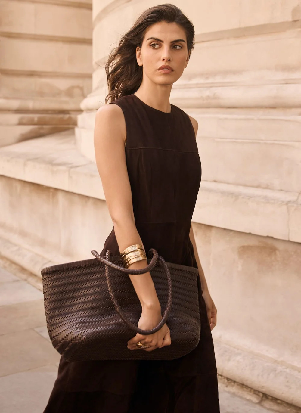 Brown Suede Sleeveless Midi Dress | Mint Velvet