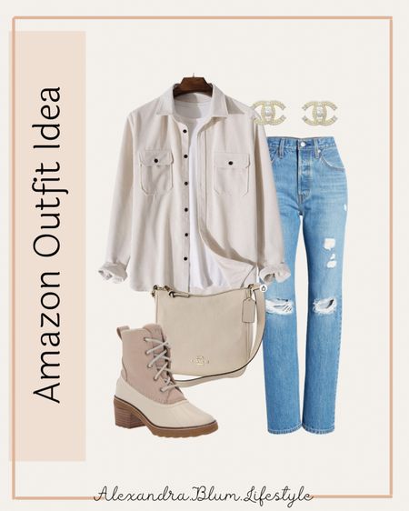 Amazon outfit idea!! Cute white button up shirt Shacket!! Levi ripped denim jeans, Sperry saltwater heel rain boots, Coach Ellie file ivory crossbody bag, and designer look a like Chanel earrings! Fall fashion! Amazon fashion finds!

#LTKshoecrush #LTKitbag #LTKSeasonal