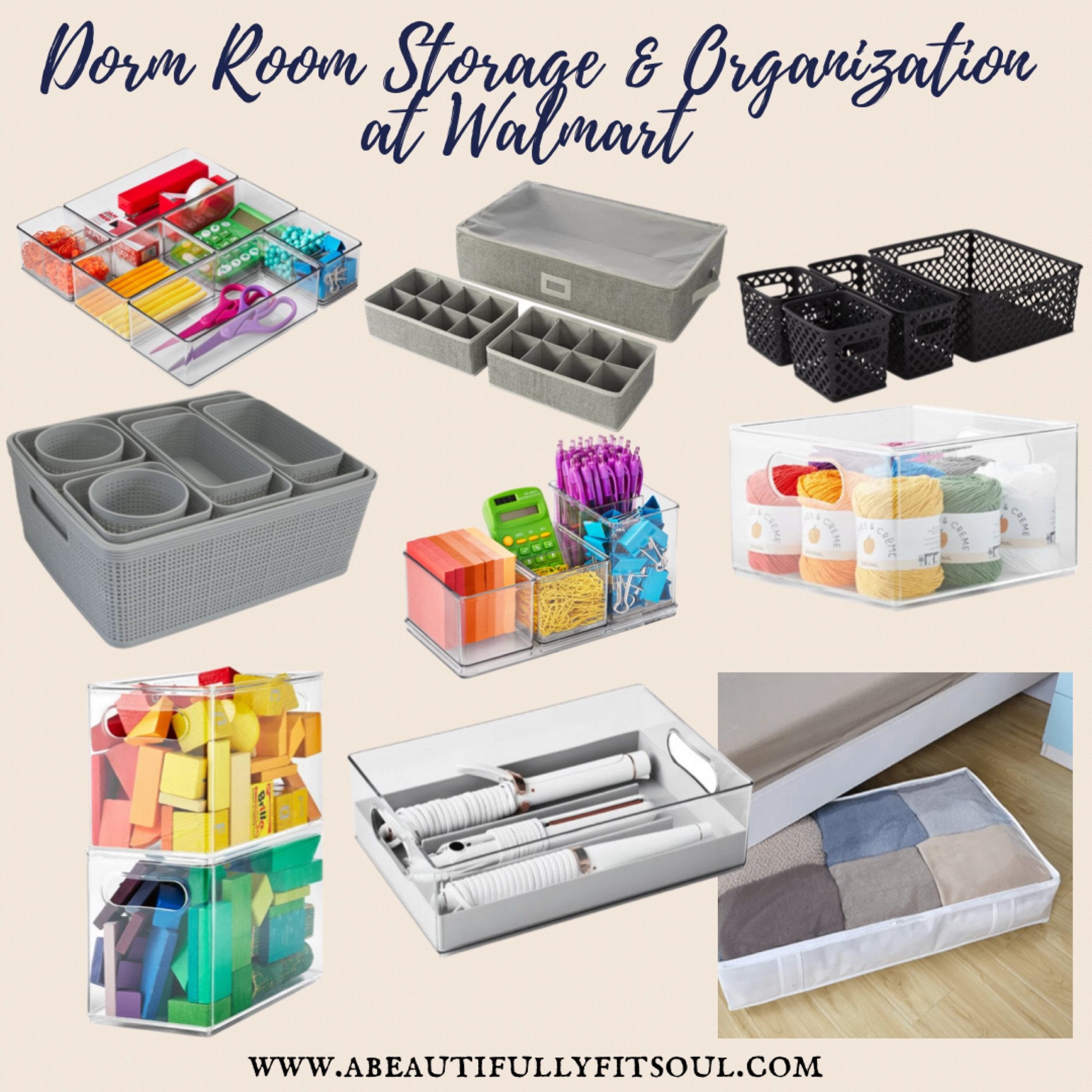 Dorm room storage and organization at Walmart. 6 piece office drawer system, under bed storage and drawer organizer set, decorative storage basket, organizing basket set, office desktop set, large bin modular storage system, narrow bin modular storage system, hair tool bin, under bed jumbo storage bag. 

#LTKhome #LTKU