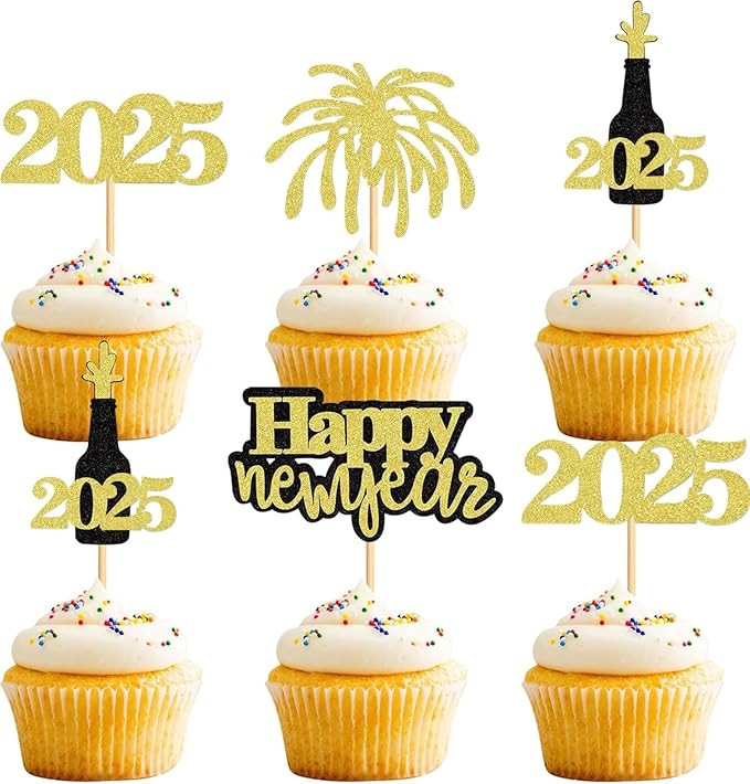 24 Pcs Glitter Happy New Year Cupcake Toppers 2025 Gold Black Cupcake topper Cheers to 2025 Cake ... | Amazon (US)