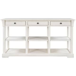 58 in. Antique White Retro Rectangle Console Table with Ample Storage, Open Shelves and Drawers G... | The Home Depot