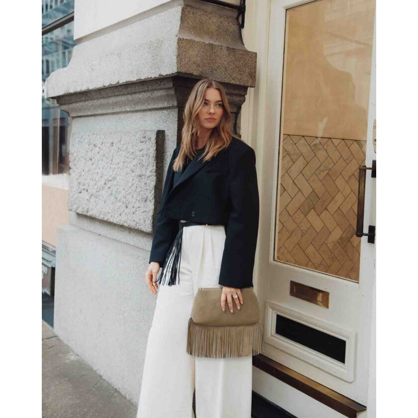 Cali Suedette Fringe Small Shoulder Bag in Taupe | Katie Loxton Ltd. (UK)