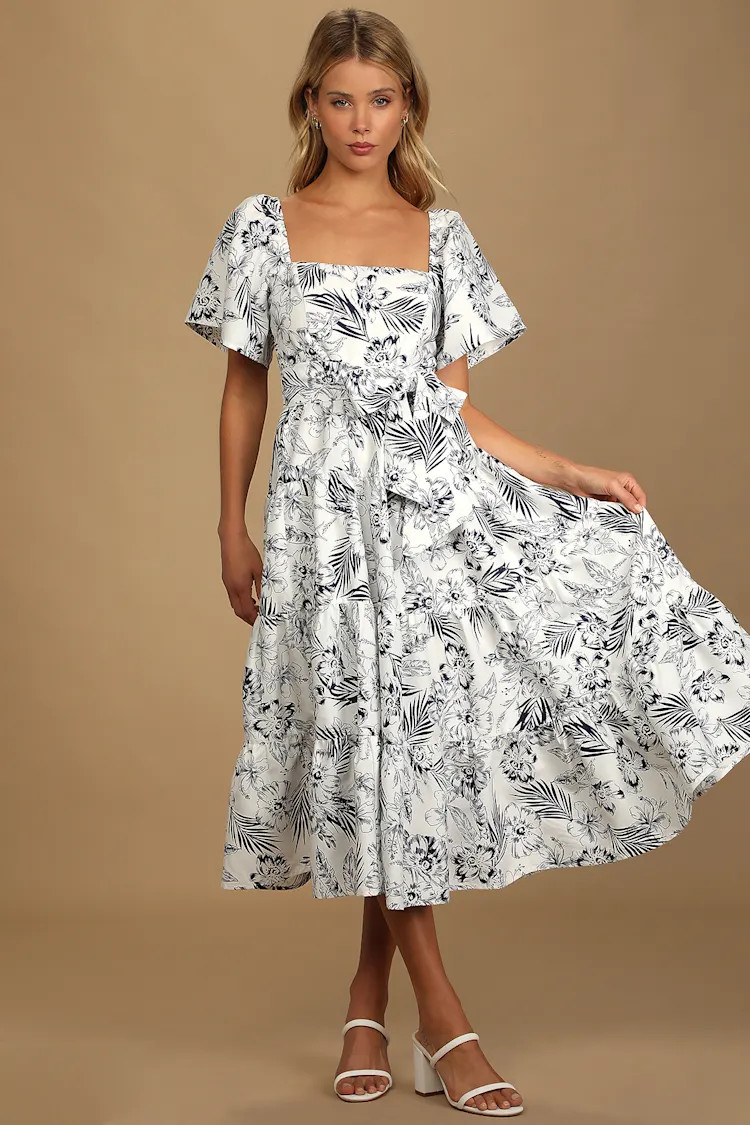Tropical Sunshine White Floral Print Tiered Midi Dress | Lulus (US)