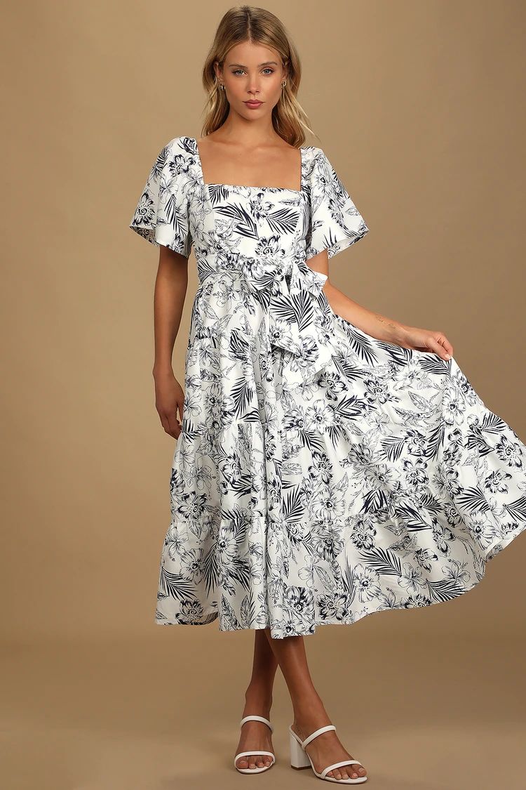 Tropical Sunshine White Floral Print Tiered Midi Dress | Lulus (US)