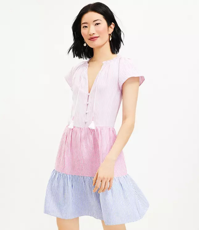 Striped Tie Neck Tiered Swing Dress | LOFT