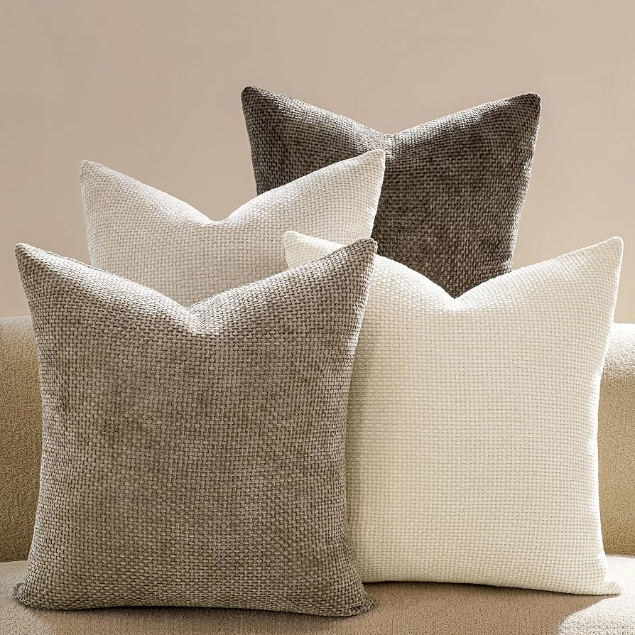 Throw Pillow Covers 18x18 Inch Pack of 4 Neutral Soft Decorative Chenille Pillow Covers Farmhouse... | Amazon (US)
