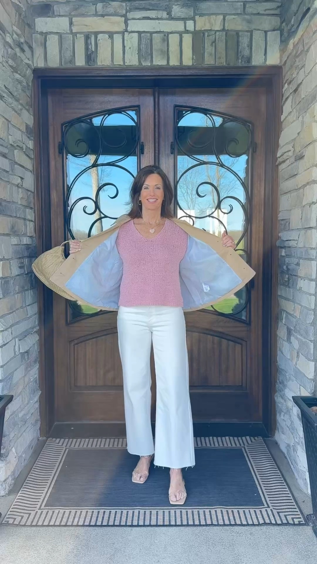 Short trench - large 
Sweater - large 
Wide leg white jeans - 29
Orange skirt - small 
Sleeveless sweater - medium 
Dress - my color sold out but new colors available 
Linen long sleeve button down - medium 

Spring styles 
Vacation outfits 

#LTKTravel #LTKootd #LTKMidsize