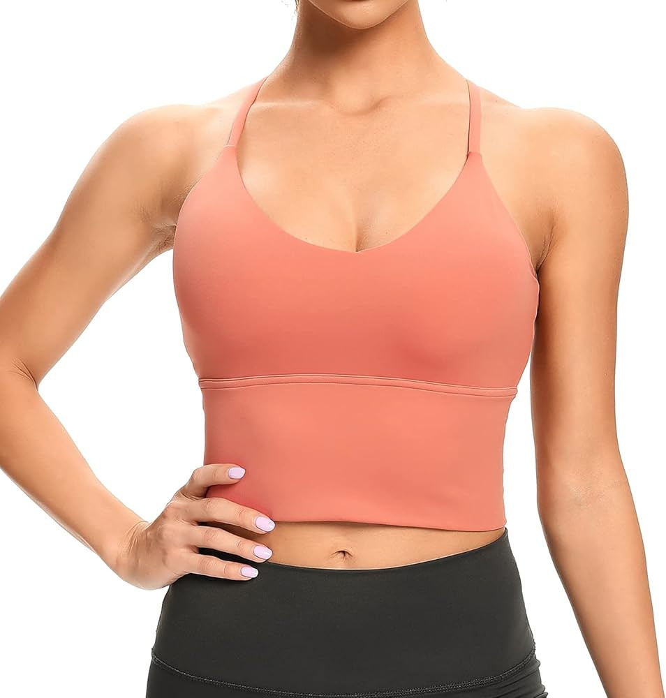 Lemedy Women Strappy Longline Removable Padded Sports Bras Workout Yoga Running Crop Tank Tops | Amazon (US)