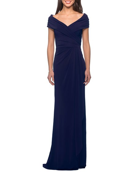 La Femme Short-Sleeve Ruched Jersey Gown Dress | Neiman Marcus
