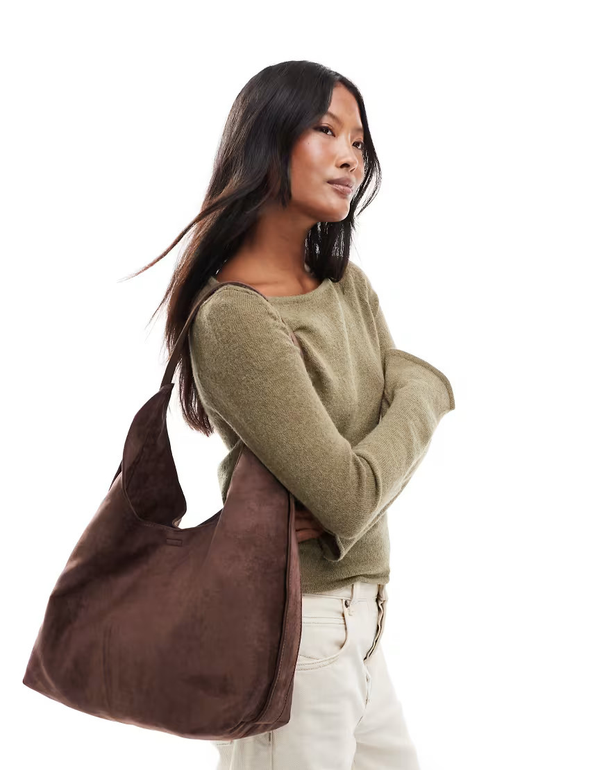 PASQ faux suede slouchy tote bag with strap detail in brown | ASOS (Global)