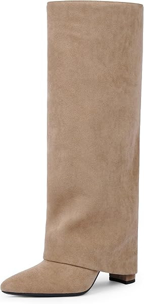 Knee High Boots Women Fold Over Boots Chunky Heel Pointed Toe Tall Boots | Amazon (US)