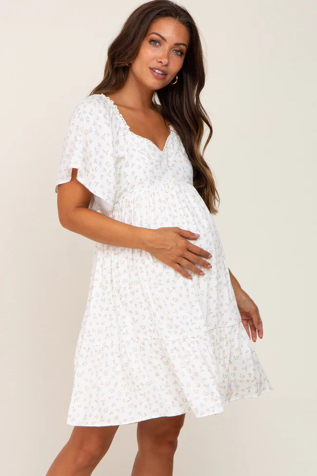 White Coral Floral Sweetheart Neckline Maternity Dress | PinkBlush Maternity