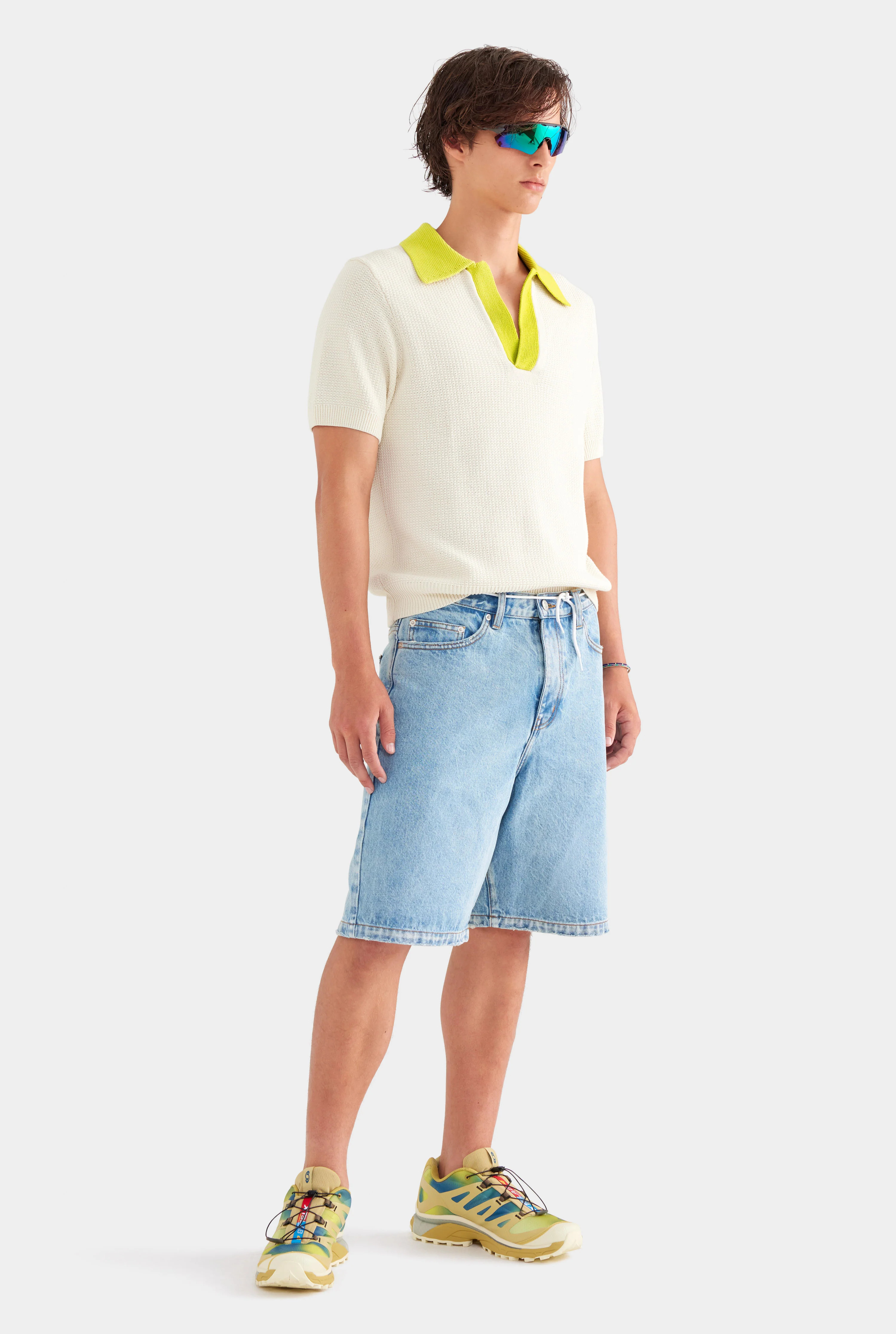 Mens Relaxed Cotton Knit Open Neck Polo in Cream/Dijon | Venroy | Venroy AU