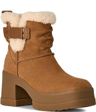 UGG Moxy Pull On Suede Sheepskin Collar Platform Block Heel Booties | Dillard's | Dillard's