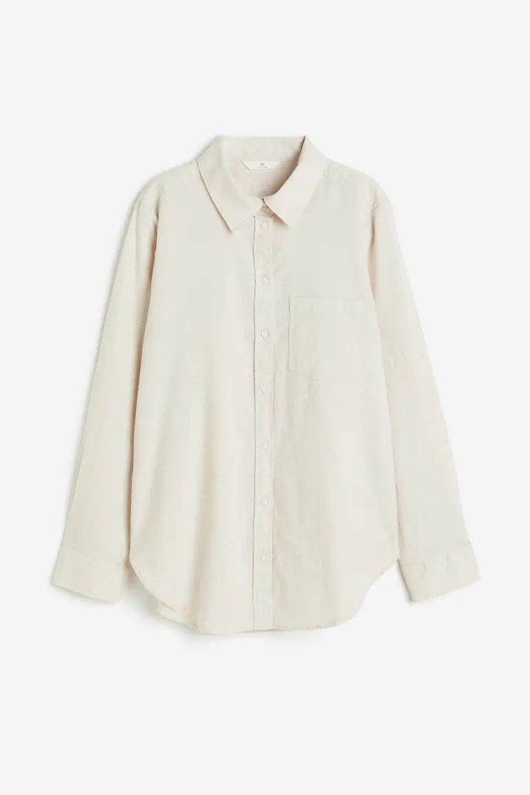 Linen-blend Shirt - Long sleeve - Regular length - Khaki green/striped - Ladies | H&M US | H&M (US + CA)