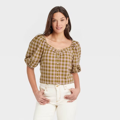 Women's Puff Short Sleeve Button-Front Blouse - Universal Thread™ Plaid S | Target