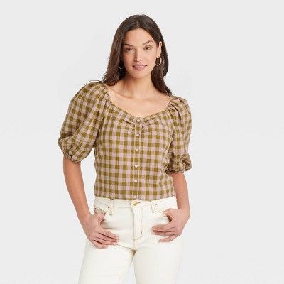 Women&#39;s Puff Short Sleeve Button-Front Blouse - Universal Thread&#8482; Plaid S | Target
