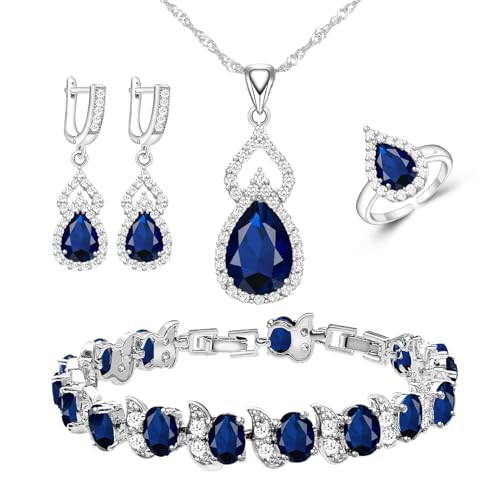 LMXXVJ Women Jewelry Set Platinum Plated Necklace Open Ring Earrings Bracelet Set,Birthday/Anniversary Mother’s Day Jewelry Gifts for Mom/Wife/Sister/Best Friend (blue, Adjustable) | Amazon (US)