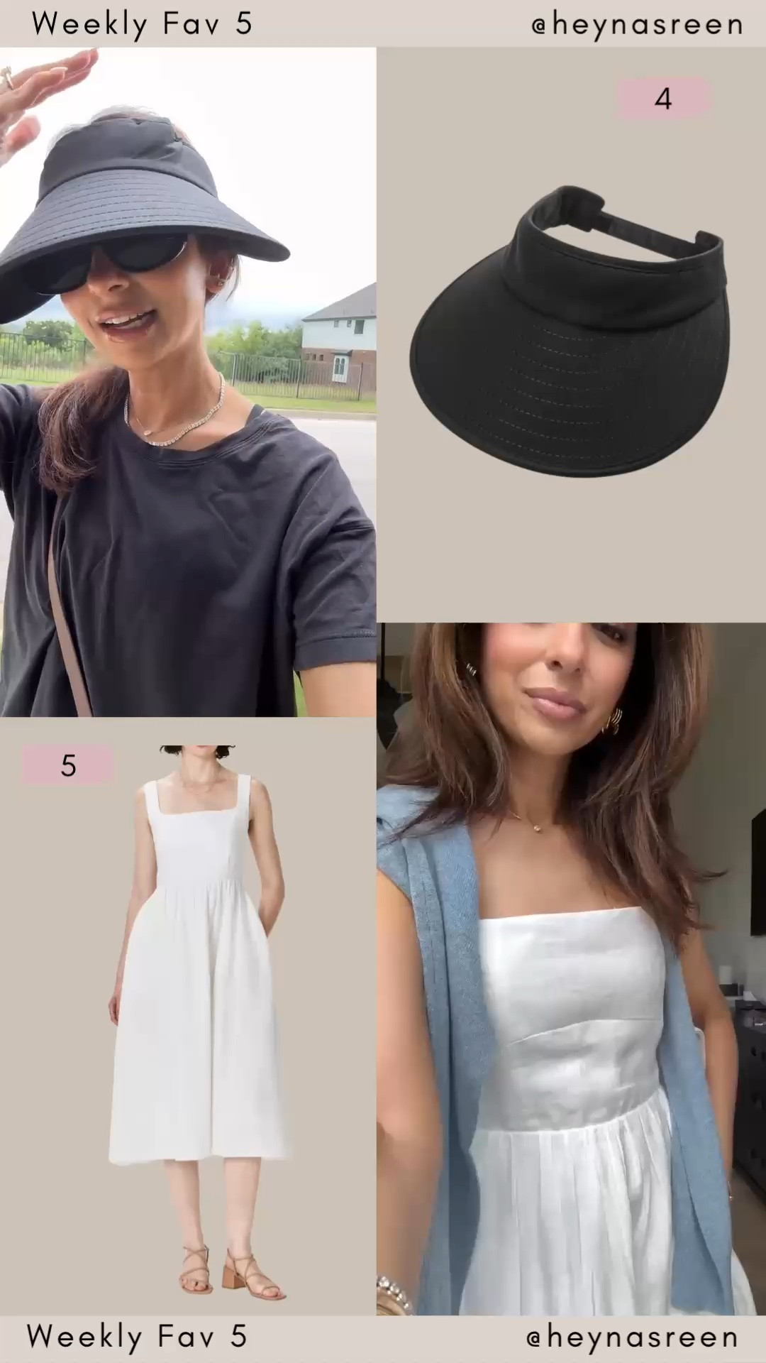 Fav 5:
#4: Amazon visor, so affordable and a must on my daily walks! 
#5: Quince linen dress, the perfect dress for a summer capsule wardrobe. I’m wearing my true size XS.