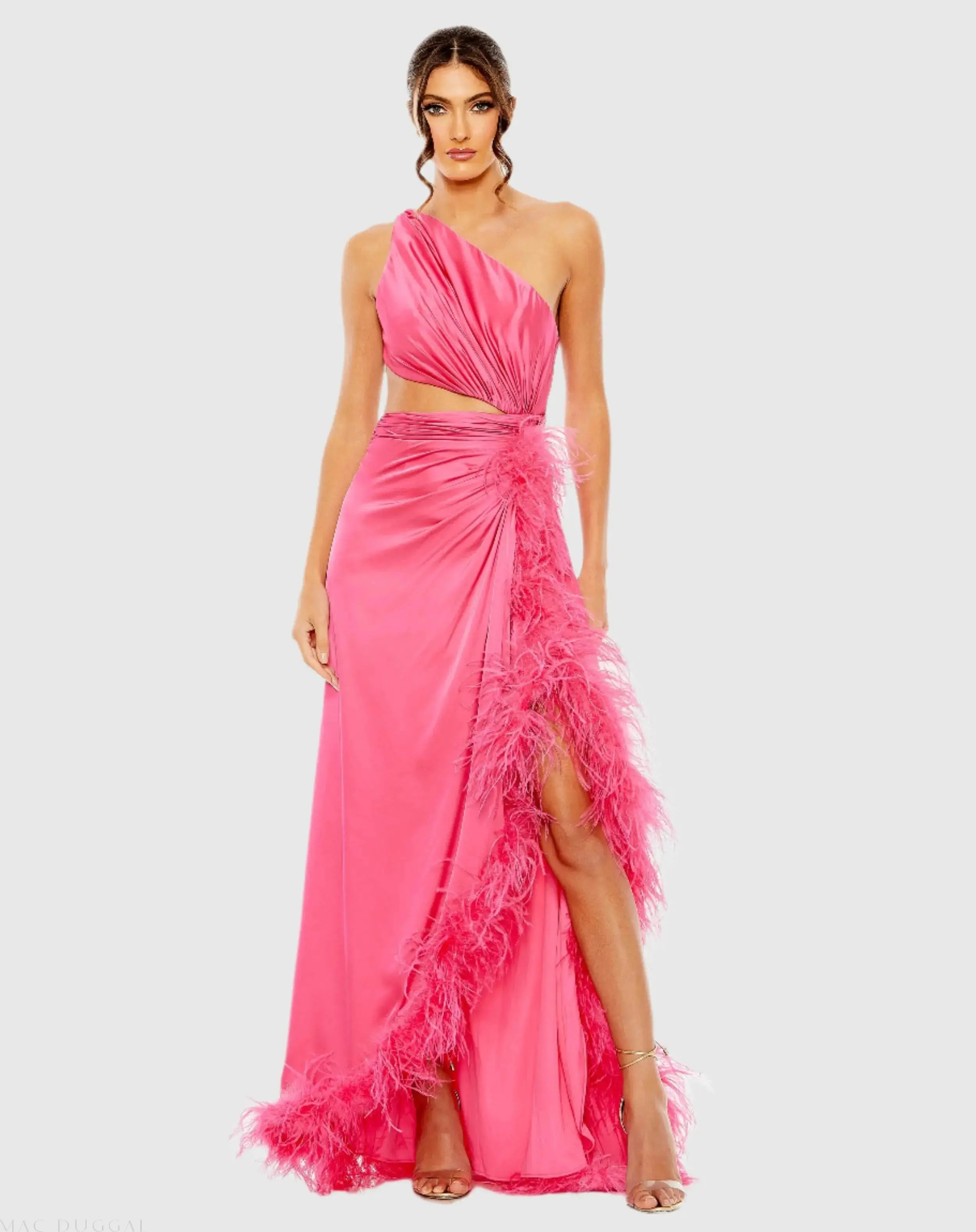 Mac Duggal - Pink One Shoulder Key Hole Detail With Feather Lining - FINAL SALE - US 6 | Mac Duggal