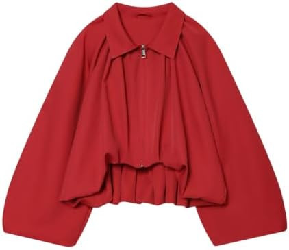 Chevara Women’s Puffed Sleeve Bomber Jacket Trendy Lapel Collar Zip Up Cropped Loose Fit Spring... | Amazon (US)