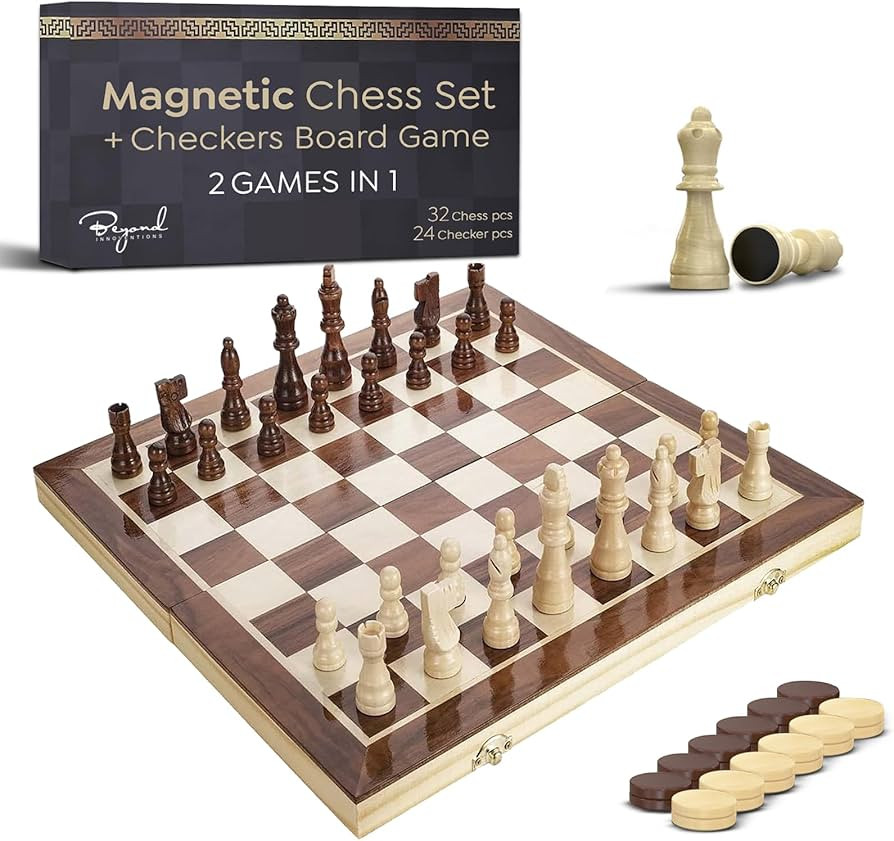Magnetic Chess & Checkers Set | 15" x 15" Foldable Wooden Board     Solid Wood 2-in-1 Board Game ... | Amazon (US)