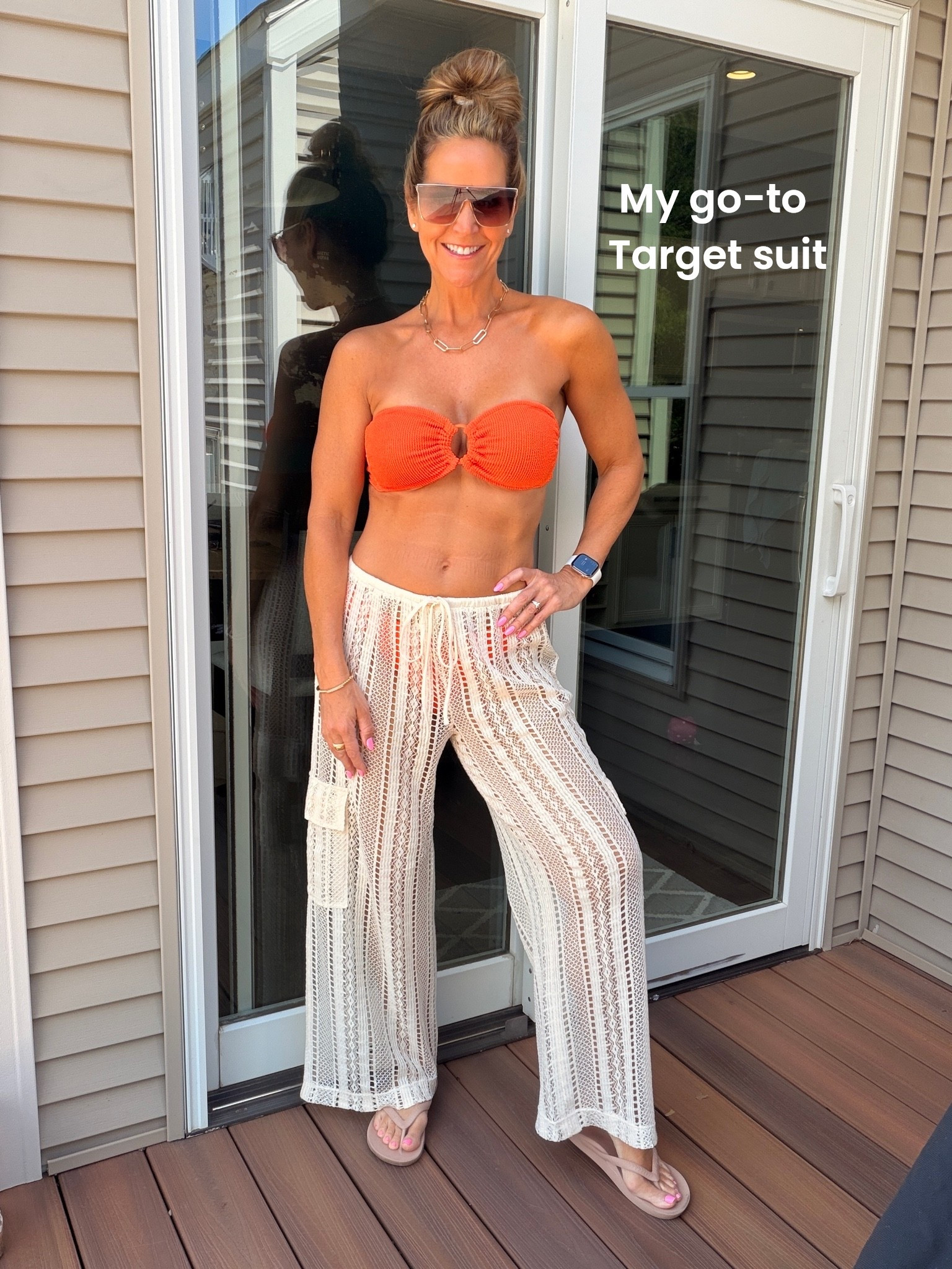 Favorite strapless bikini - it stays put! Wearing a medium top and bottoms. The large top was too big around.  Linking a similar pair of cover-up pants. And these are the MOST comfortable flip-flops ever! ￼

#LTKOver40 #LTKSwim