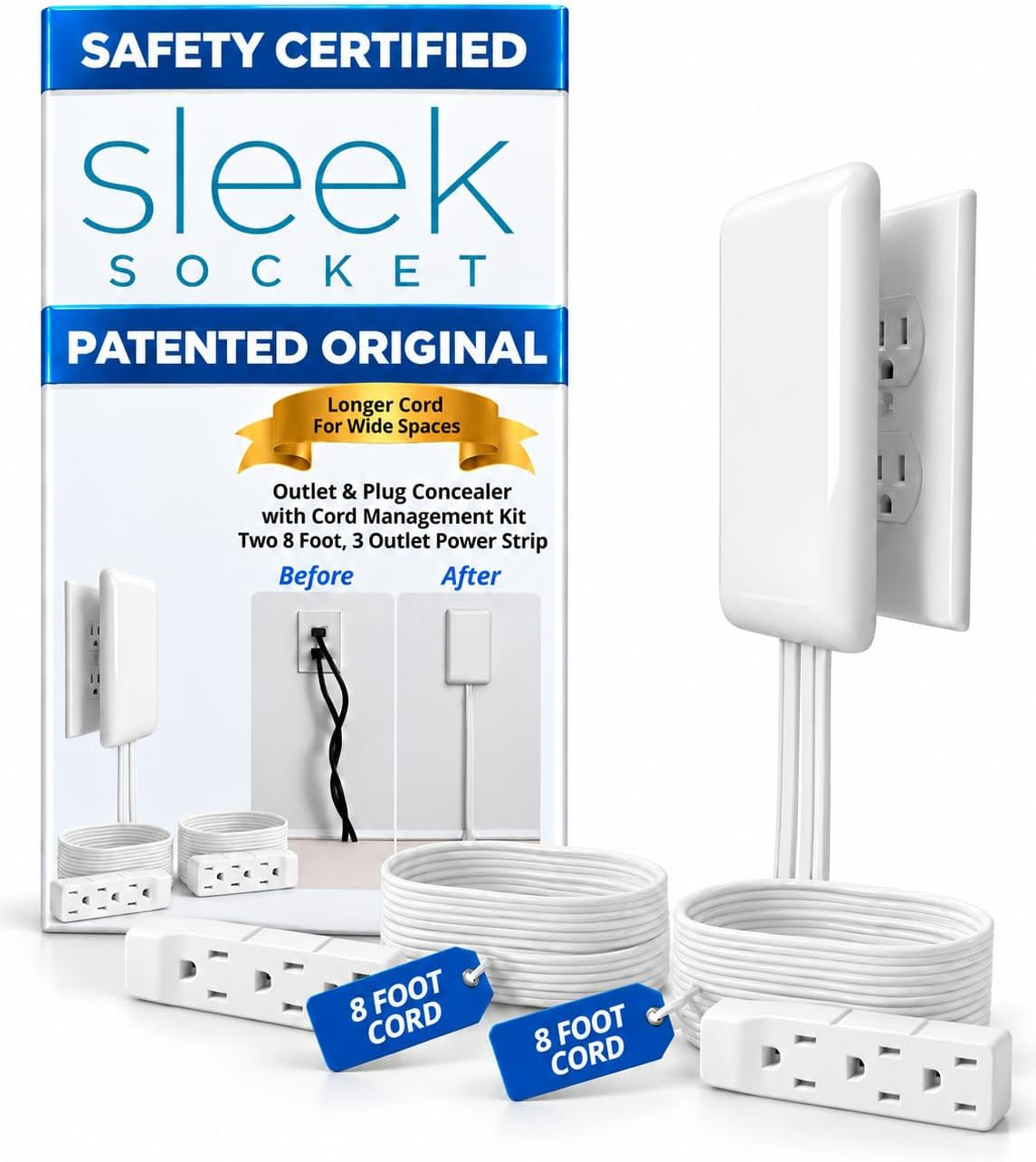 Sleek Socket Original & Patented Ultra-Thin Outlet Concealer with Cord Concealer Kit, Flat Extension Cord with Multi Outlets Power Strip, Ideal for Home Improvement, Hide Bulky and Messy Cords | Amazon (US)