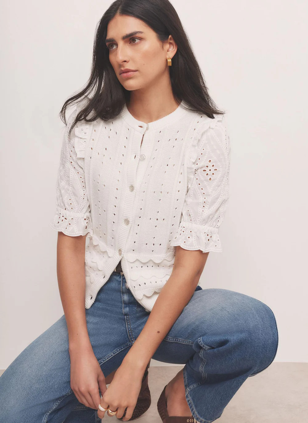 White Cotton Broderie Knit Top | Mint Velvet - US