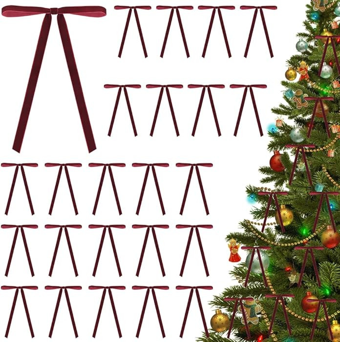 Quimoy 24 Pcs Burgundy Velvet Bows for Christmas Tree, Ribbon Bows Velvet Christmas Ornaments, Vi... | Amazon (US)