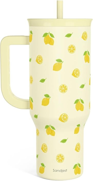 SANDJEST Lemon 40oz Tumbler with Handle and Straw, Insulated Stainless Steel Travel Coffee Mug fo... | Amazon (US)
