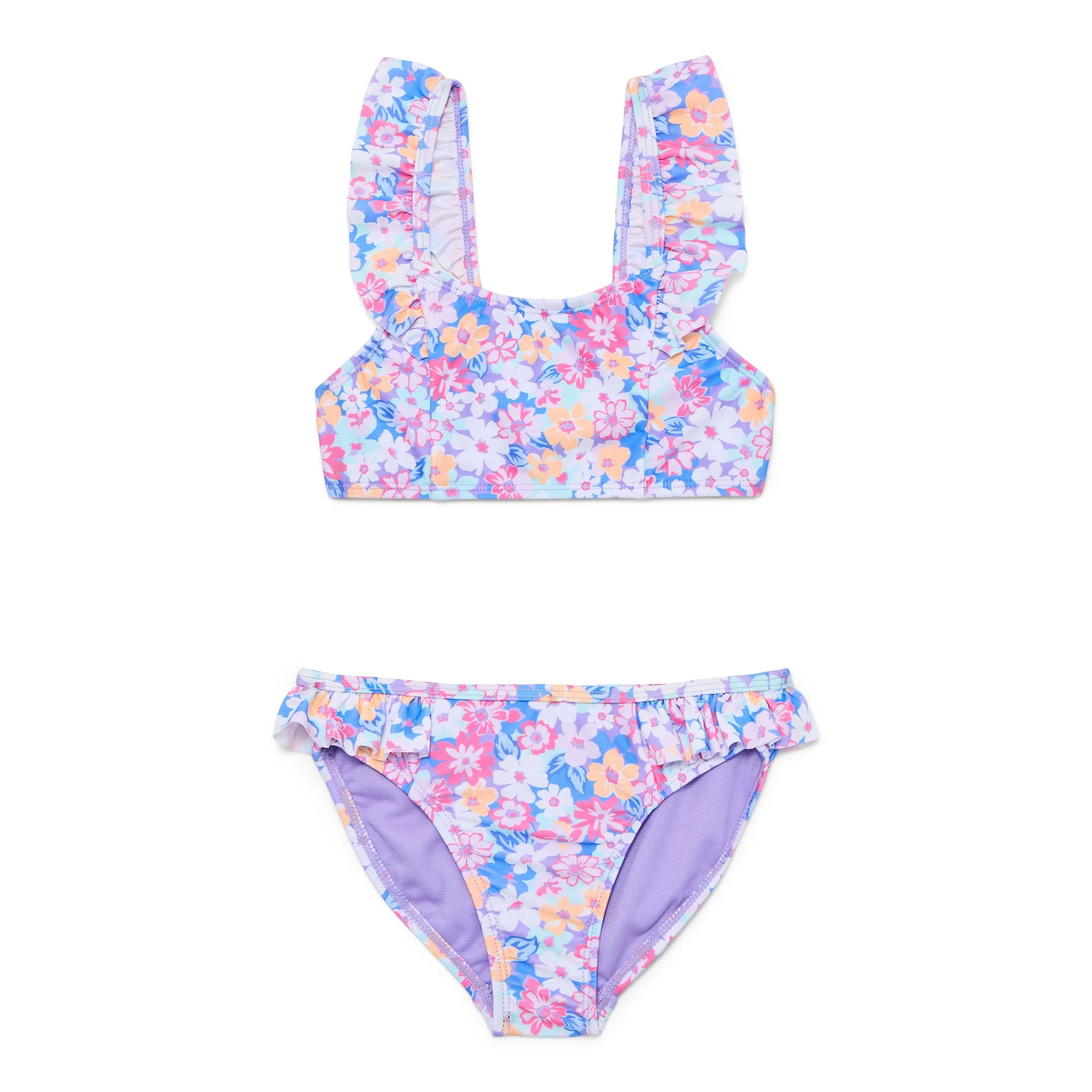 Wonder Nation Girls Ruffle Strap Bikini Top and Scoop Bottoms Swim Set with UPF 50, 2-Piece, Size... | Walmart (US)