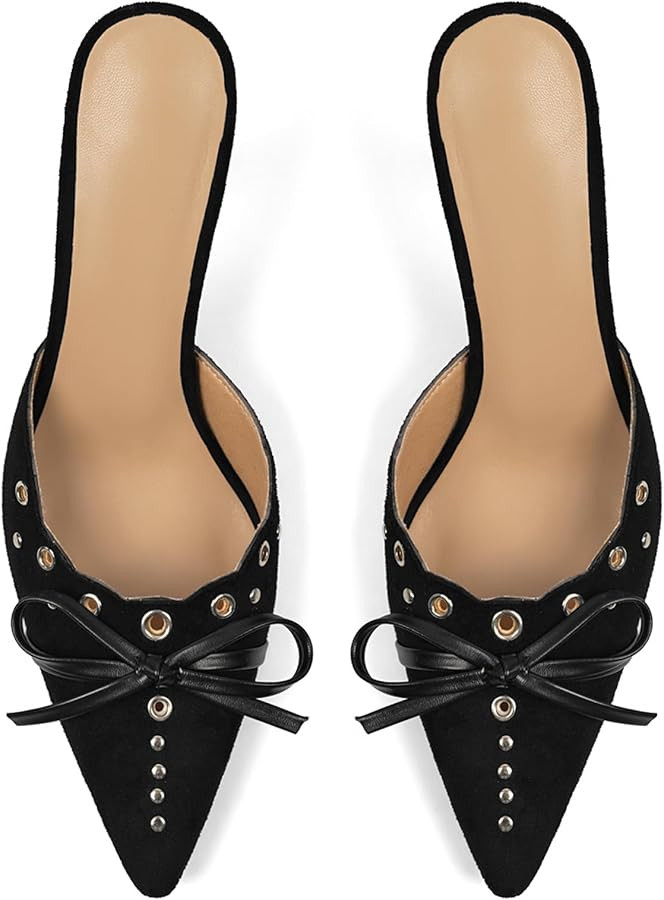 DOEYG Women Pointed Toe Bow Heels Mules Slip on Stiletto Heels Sandals Dress Party Wedding Studde... | Amazon (US)