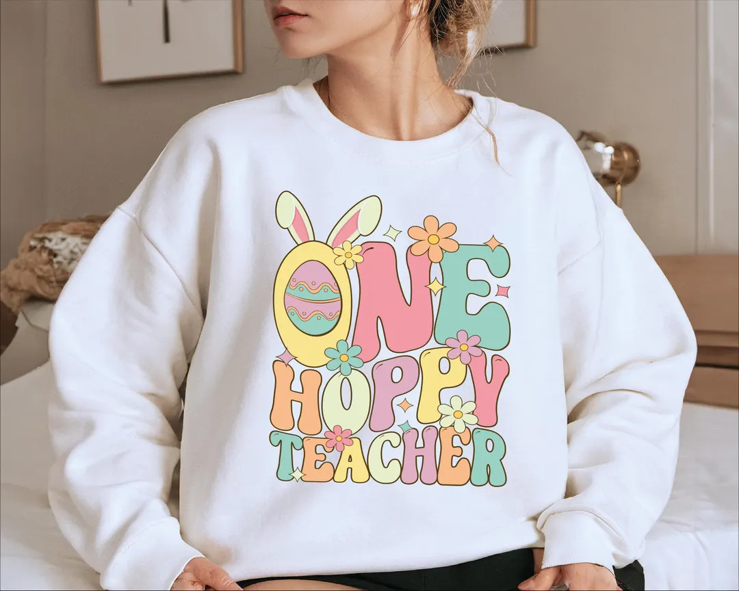 One Hoppy Teacher Easter Shirt, Teacher Easter Tee, Cute Easter Floral Bunny Sweatshirt, Happy Ea... | Etsy (US)