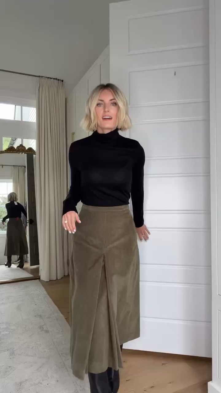A chic fall outfit combination! Loving this colduroy midi skirt paired with a classic black turtleneck and tall boots. Skirt wearing size 2, Turtleneck wearing S.

@tuckernuck #Tuckernuckpartner
Loverly grey, tuckernuck, fall outfit ideas, corduroy midi skirt, black turtleneck, fall skirts, tall boots, classic fall style, neutral outfits, elevated fall fashion