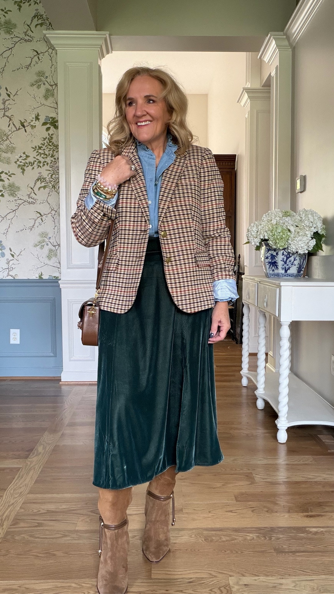 Velvet and tweed!!! 
Blazer I’m sized up to a 12. I don’t like petite in the style.
Green velvet skirt is beautiful. Size medium. There is a matching blouse that makes it look like a dress that I highly recommend picking up as well. A medium worked in that.
Chambray blouse I’m in a medium petite and it is tight. If you get a petite, I would recommend sizing up.
Boots are on sale. I love the Buckle detail at the ankle.

Holiday outfit, Thanksgiving, outfit, office outfit, church outfit

#LTKWorkwear #LTKOver40 #LTKSaleAlert