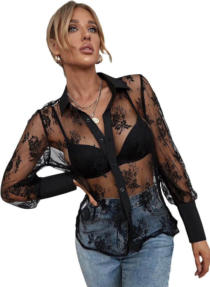 Floerns Women's Sheer Lace Button Down Long Sleeve Floral Blouse Shirt Tops | Amazon (US)