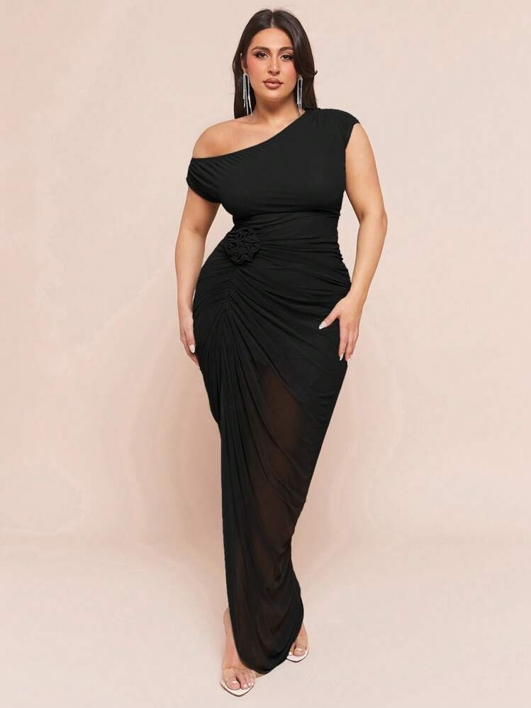 SHEIN BAE Plus Size Green 3D/Embossed Floral Maxi Dress, Elegant Gown, Suitable For Summer/Ladies Summer Clothing/Summer Dresses, Beach, Vacation, Back To School, Spring/Summer Dress, Ruffle Side Slit Maxi Dress/Wedding Gowns/Bridesmaid Dresses/Cocktail Dress/Party Dress,Summer Dresses For Women,Wedding Guest Dress Women | SHEIN