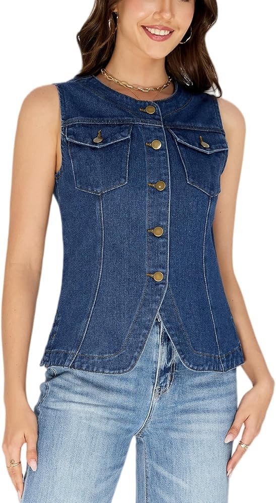 Ladyful Women's Long Denim Vest Top Sleeveless Lightweight Side Slit Button Down Fitted Jean Vest... | Amazon (US)