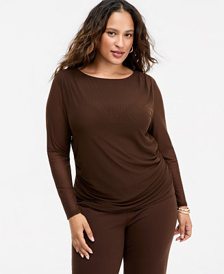 Plus Size Long Sleeve Sheer Mesh Ruched Top | Macy's