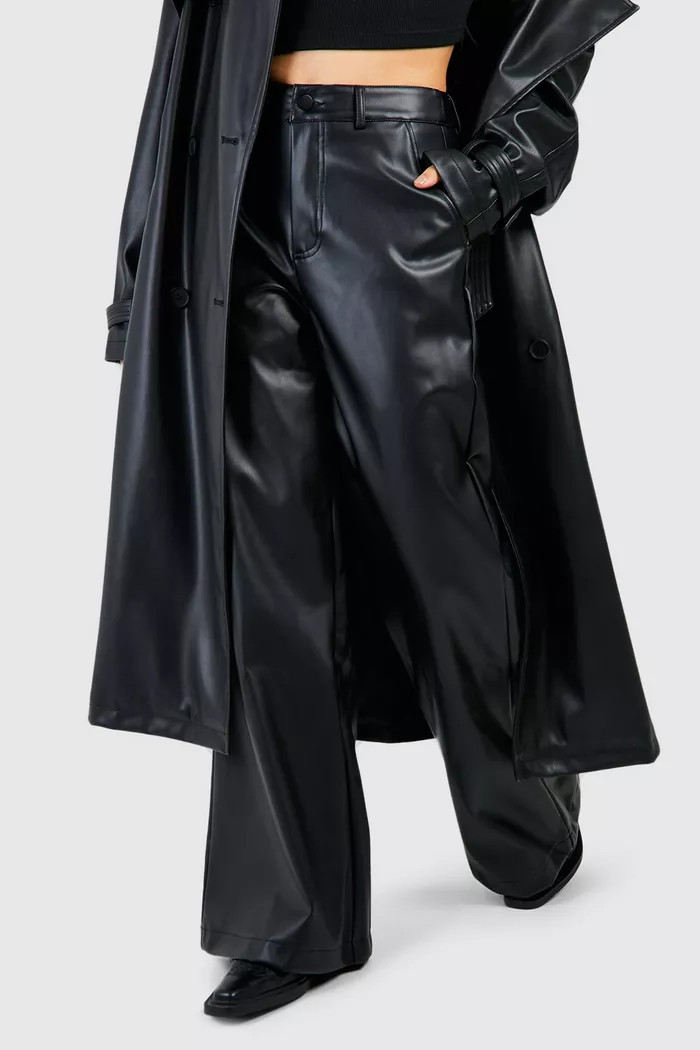 Leather Look Wide Fit Trousers | Boohoo.com (UK & IE)