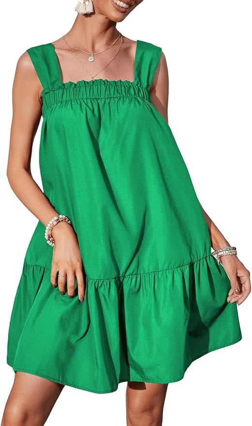 Verdusa Women's Frilled Square Neck Sleeveless Ruffle Hem Mini Smock Dress | Amazon (US)