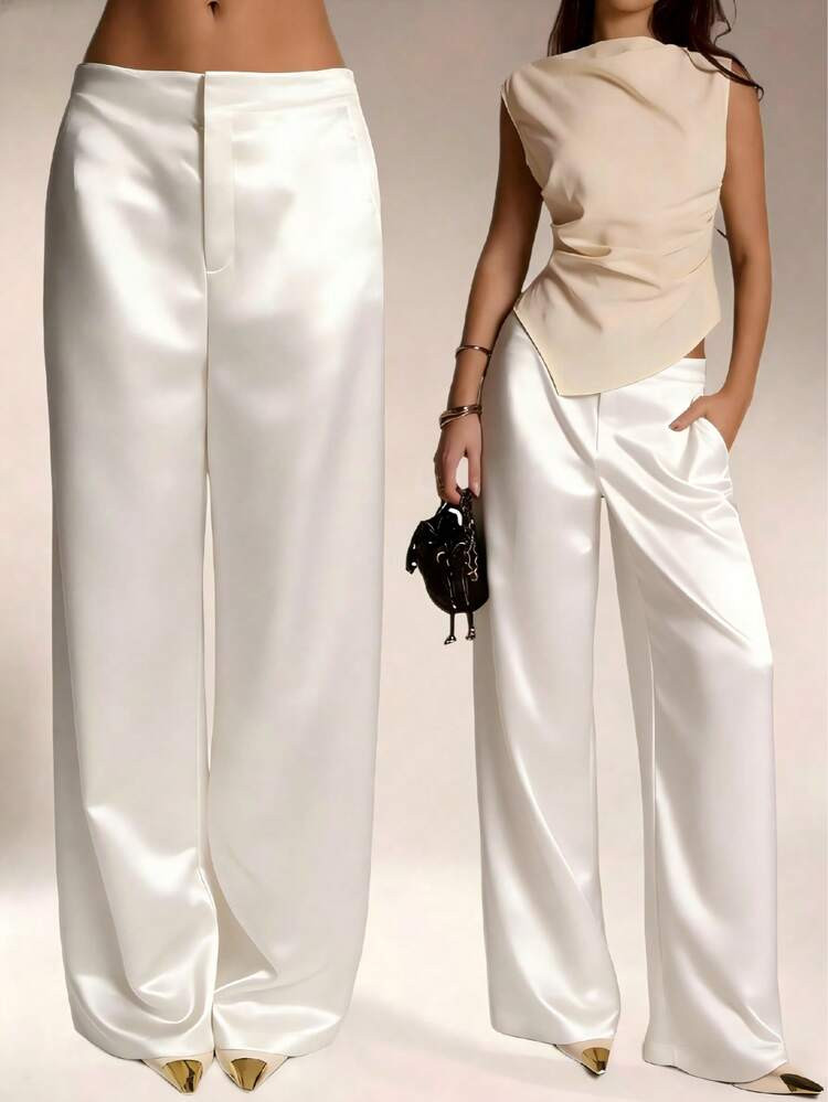 Pantalones De Satén Y Seda De Unicolor Para Mujer Con Bolsillos Y Cremallera, Adecuados Para Vacaciones, Oficina, Brunch, Atuendo De Aeropuerto, Todo El Año Blanco Primavera | SHEIN