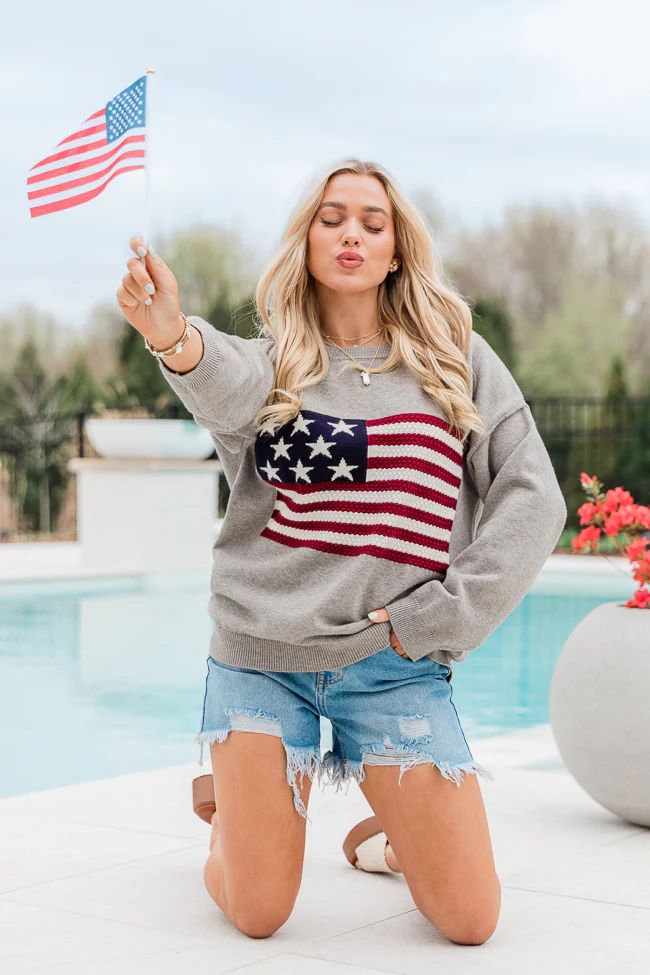 Home Of The Free Grey Textured Flag Sweater | Pink Lily