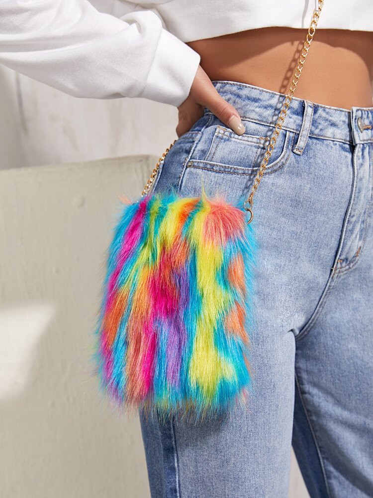SHEIN ICON Mini Plush Colorblock Chain Bag | SHEIN
