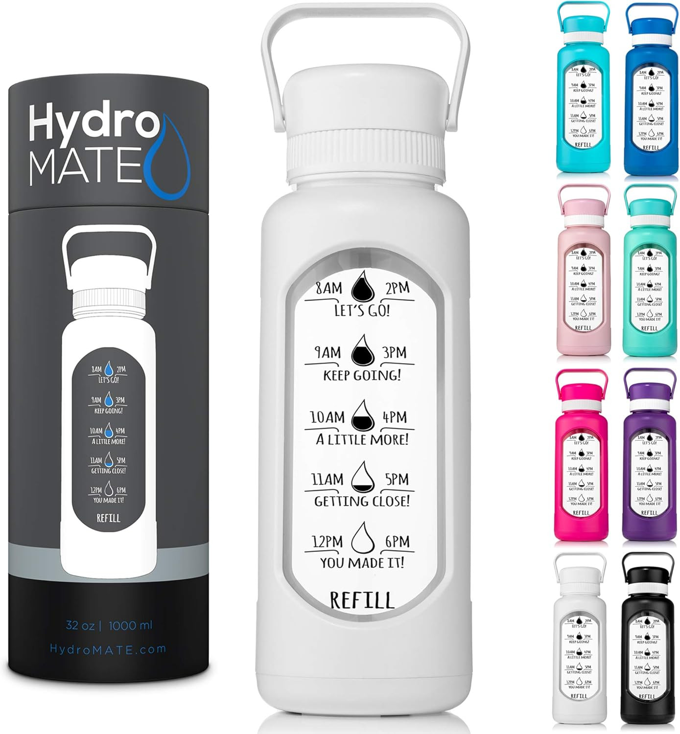 HydroMATE 32 oz Glass Water Bottle with Straw and Motivational Time Markings in Plastic Sleeve Dr... | Amazon (US)