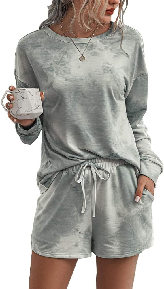 Women’s Tie Dye Printed Pajamas Set Long Sleeve Tops with Shorts Lounge Set Casual Two-Piece Sl... | Amazon (US)