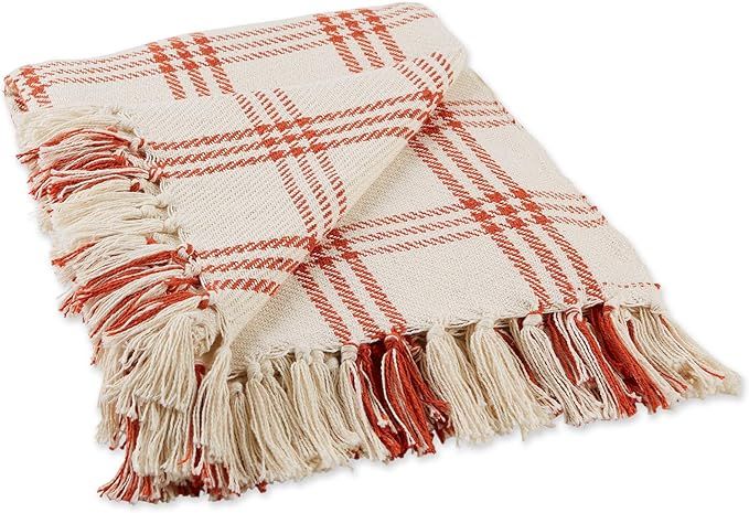 DII Modern Farmhouse Plaid Collection Cotton Fringe Throw Blanket, 50x60, White/Vintage Red | Amazon (US)