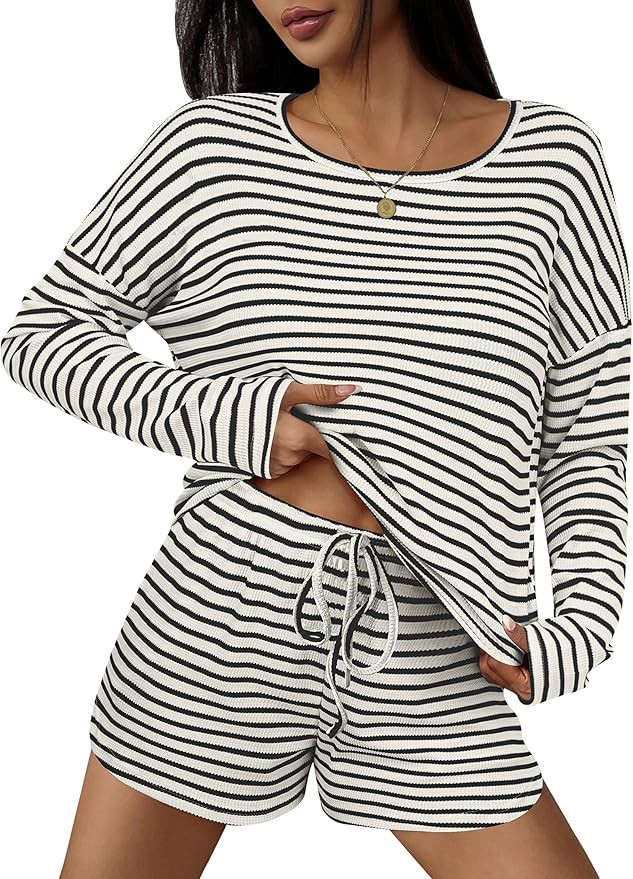 Ekouaer Waffle Lounge Sets Long Sleeve Shorts Striped Pajamas Sets Matching Waffle Knit 2 Piece O... | Amazon (US)
